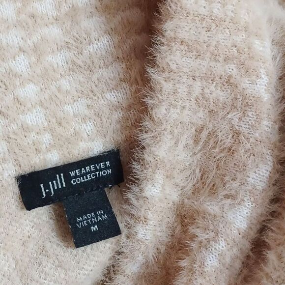 J.Jill Wearever Tan White Fuzzy Plaid Open Cardigan Sweater Jacket M Soft Wrap - Picture 6 of 8